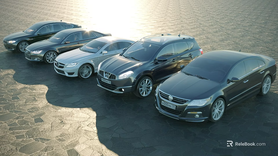 Various Modern Car Models In Lineup Along Sunlit Waterfront Area 3d model 
