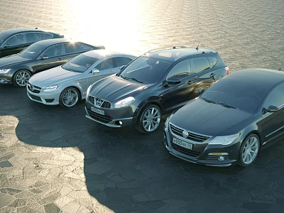 Various Modern Car Models In Lineup Along Sunlit Waterfront Area 3d model
