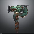 Mythical Dragon Head Weapon with Green Scales and Red Spiral Handle Design