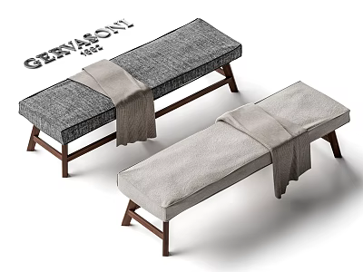 GERVAISSON Sofa Bench with Gray and Beige Upholstery Wooden Legs and Blankets 3d model