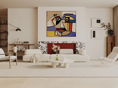 Modern Artistic Living Room Interior With Abstract Painting Red Fireplace White Sofa And Coffee Table 3d model