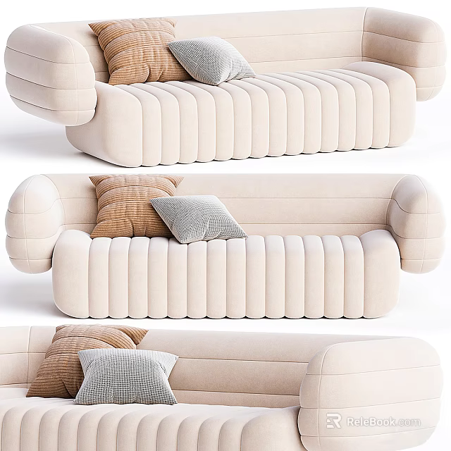 Beige Ribbed Multi Seater Sofa with Brown Grey and Plaid Decorative Pillows 3d model 