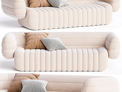 Beige Ribbed Multi Seater Sofa with Brown Grey and Plaid Decorative Pillows 3d model