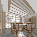 Modern Restaurant Interior With Wooden Ceiling Slatted Partitions Stone Bar And Bottle Shelves