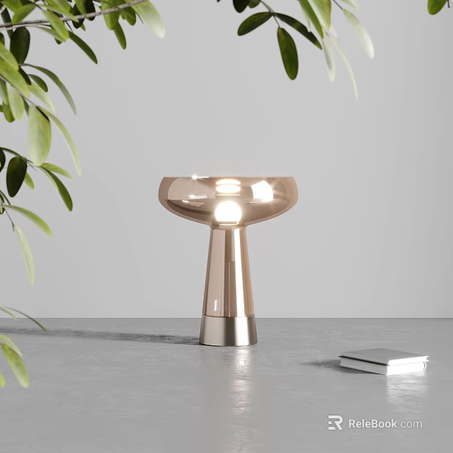 Modern Table Lamp with Stylish Metallic Base and Glass Shade Beside Green Leaves and Book 3d model 