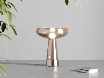 Modern Table Lamp with Stylish Metallic Base and Glass Shade Beside Green Leaves and Book 3d model