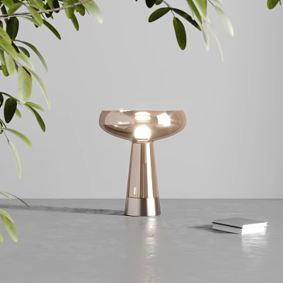 Modern Table Lamp with Stylish Metallic Base and Glass Shade Beside Green Leaves and Book 3d model