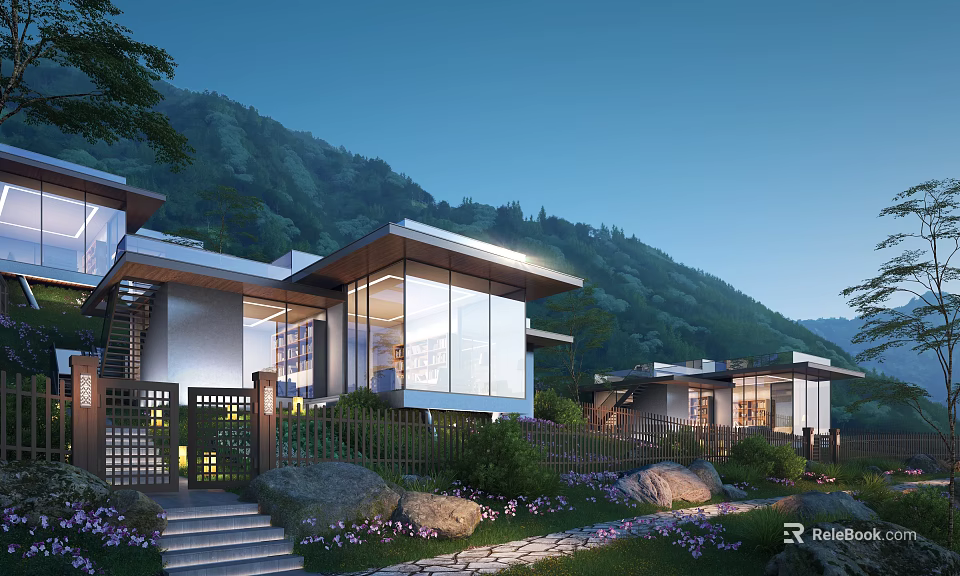 Modern Detached Villa With Mountain View Large Glass Windows And Landscaped Garden 3d model 