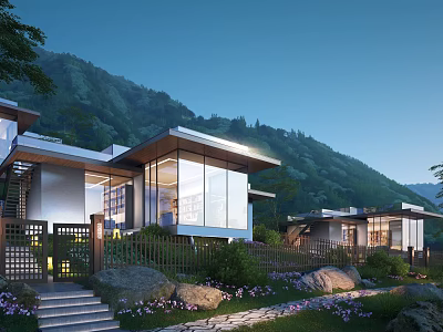 Modern Detached Villa With Mountain View Large Glass Windows And Landscaped Garden 3d model