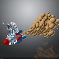 Astronaut In White Suit Riding Red And Blue Rocket With Orange Bubble Creatures