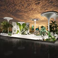 Modern Outdoor Scene With White Umbrella Like Structures Green Plants Water Reflections And Sunset Sky 3d model