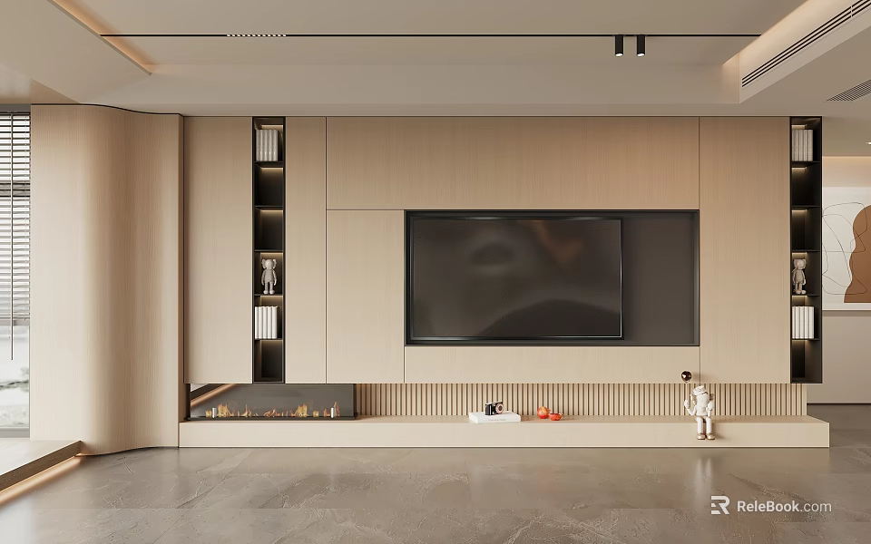 Modern TV Background Wall Design With Wooden Panels And Decorative Items 3d model 