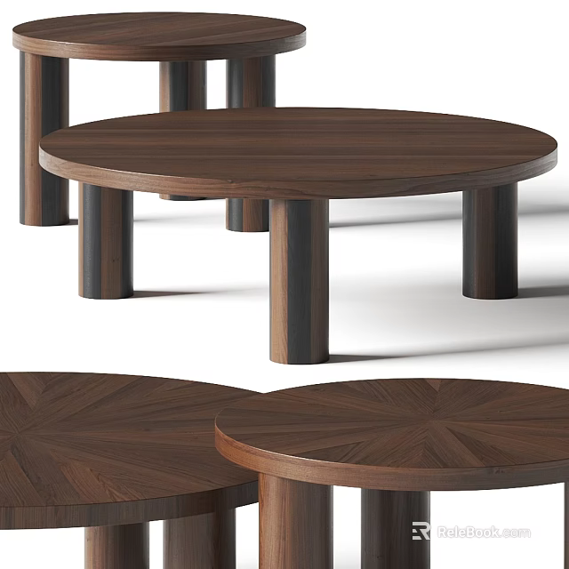 Round Walnut Coffee Table With Cylindrical Legs And Wood Grain Surface 3d model