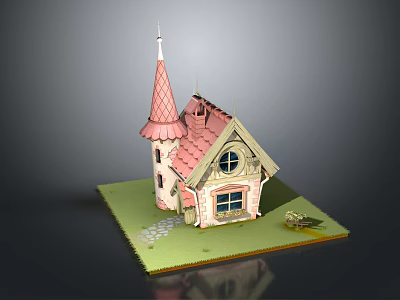 Fairy Tale Cottage With Pink Spire Red Roof Arched Windows And Green Lawn Pathway 3d model
