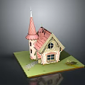 Fairy Tale Cottage With Pink Spire Red Roof Arched Windows And Green Lawn Pathway
