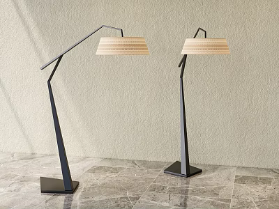 Modern Floor Lamps With Black Metal Poles And Light Striped Shades On Marble Floor 3d model