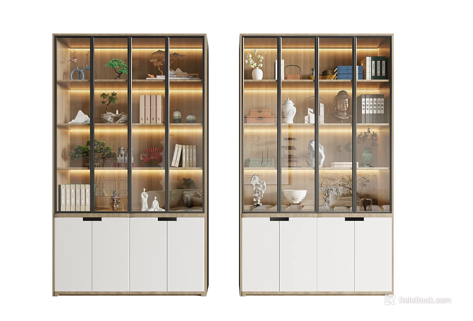 Modern Elegant Decorative Cabinet With Glass Doors White Doors And Interior Plants Books Sculptures 3d model 