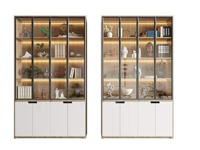 Modern Elegant Decorative Cabinet With Glass Doors White Doors And Interior Plants Books Sculptures 3d model