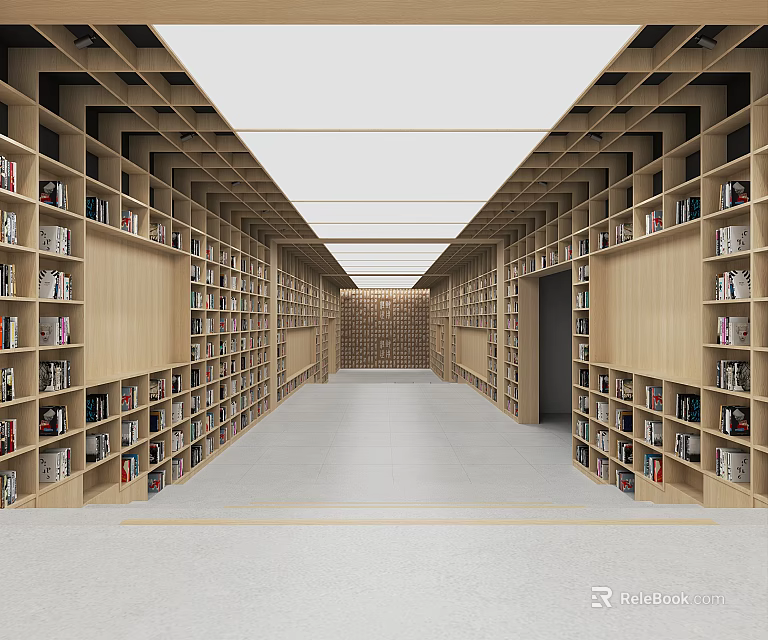 Modern Library Interior With Wooden Bookshelves Spacious Aisle And Ceiling Lights 3d model 