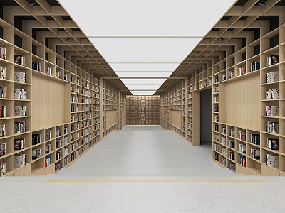 Modern Library Interior With Wooden Bookshelves Spacious Aisle And Ceiling Lights 3d model