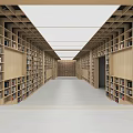 Modern Library Interior With Wooden Bookshelves Spacious Aisle And Ceiling Lights
