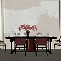 Elegant Dining Table Set with Red Back Chairs Flower Vase Tableware Textured Wall and Lighting 3d model