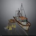 Rusty Old Fishing Boat Moored At Small Dock With Mast And Gear