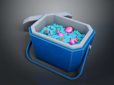 Portable Blue Cooler With Lid Filled With Ice Cubes And Colorful Fruits 3d model