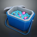 Portable Blue Cooler With Lid Filled With Ice Cubes And Colorful Fruits