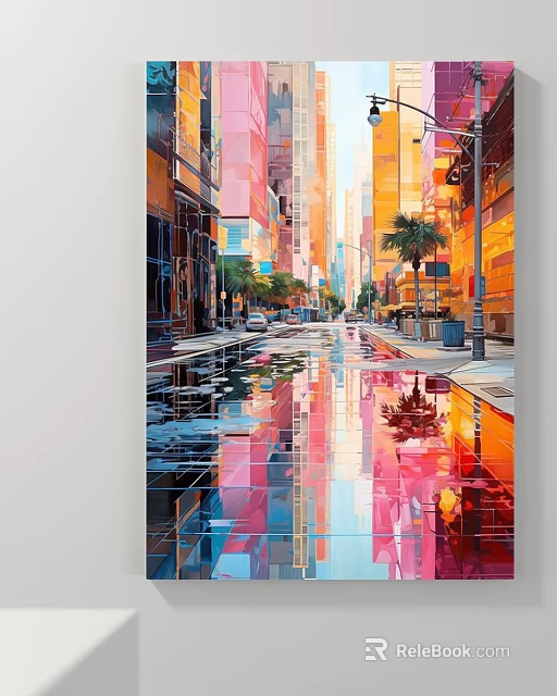 Vibrant Urban Street Landscape With Reflected Colors And Wet Pavement 3d model 