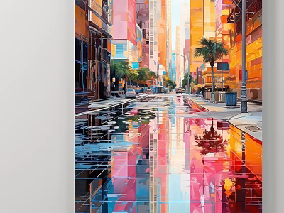 Vibrant Urban Street Landscape With Reflected Colors And Wet Pavement 3d model