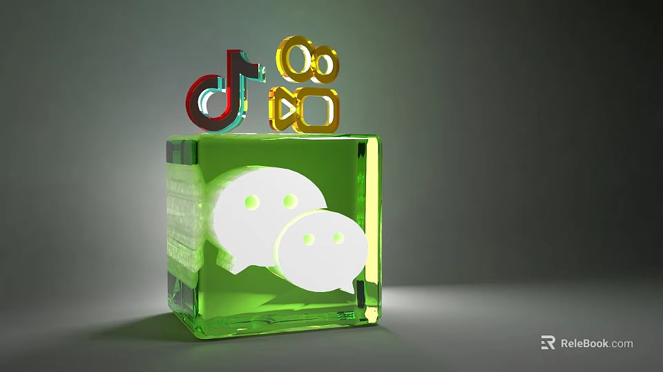 Colorful Decorative Ornament Set With Green Cube Base TikTok Logo And WeChat Speech Bubbles 3d model 