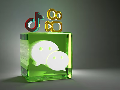 Colorful Decorative Ornament Set With Green Cube Base TikTok Logo And WeChat Speech Bubbles 3d model
