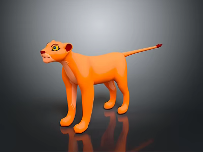 Cartoon Lion With Orange Body Yellow Eyes And Red Tail Tip Standing On Dark Background 3d model