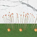Outdoor Decorative Lights Featuring Slender Golden Poles And Round Bulbs On Green Grass