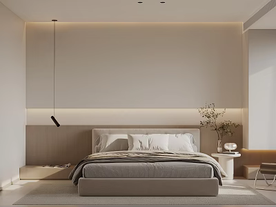 Modern Minimalist Bedroom Interior Design With Upholstered Headboard Ambient Lighting Nightstand And Potted Plant 3d model