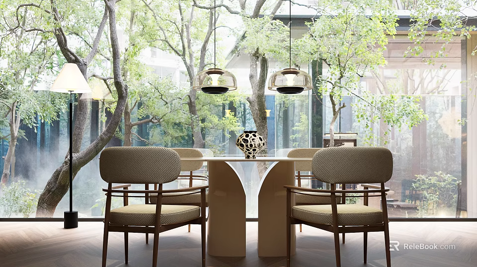 Elegant Dining Table Set With Curved Design Comfortable Chairs Pendant Lights And Trees Outside Window 3d model