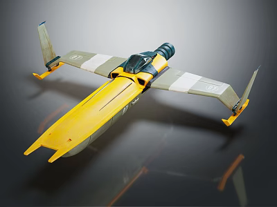 Yellow Aircraft Model Featuring Green Cockpit Gray White Striped Wings And Landing Gear 3d model