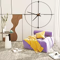 Purple Single Sofa with Yellow Pillows and Orange Blanket in Bright Living Area with Magazines