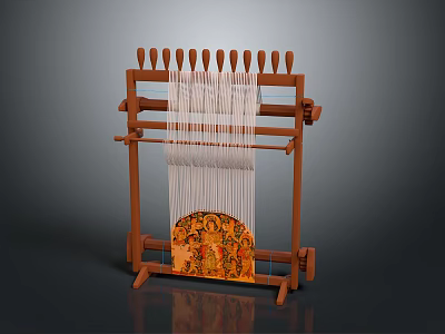 Traditional Wooden Loom With White Warp Threads And Colorful Patterned Fabric 3d model