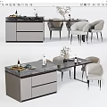 Elegant Modern Dining Table Set With Marble Top Upholstered Chairs And Storage Cabinets 3d model