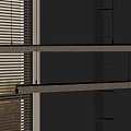 Long Linear Wooden Pendant Lights Above Dark Cabinets Open Shelves and Window with Blinds