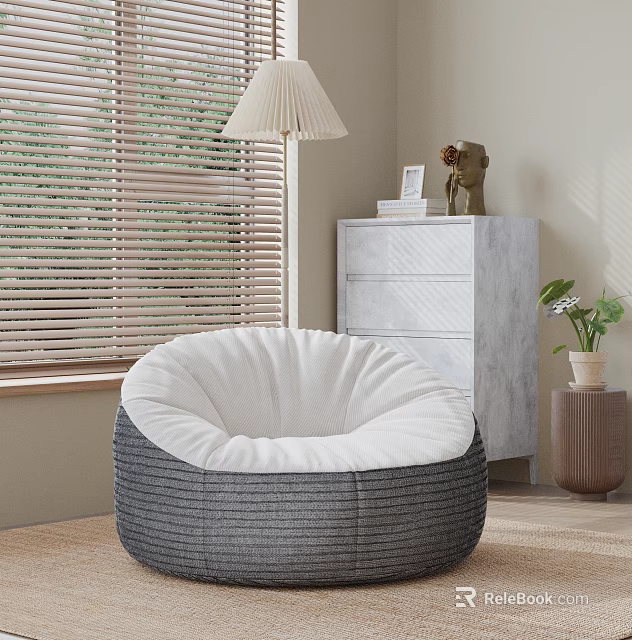 Cozy Gray White Bean Bag Chair in Modern Room with Drawer Cabinet Lamp and Potted Plant 3d model 