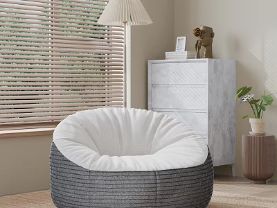 Cozy Gray White Bean Bag Chair in Modern Room with Drawer Cabinet Lamp and Potted Plant 3d model