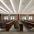 Spacious Formal Conference Room Interior With Large Screen Red Elements Golden Decorations And Neat Chairs