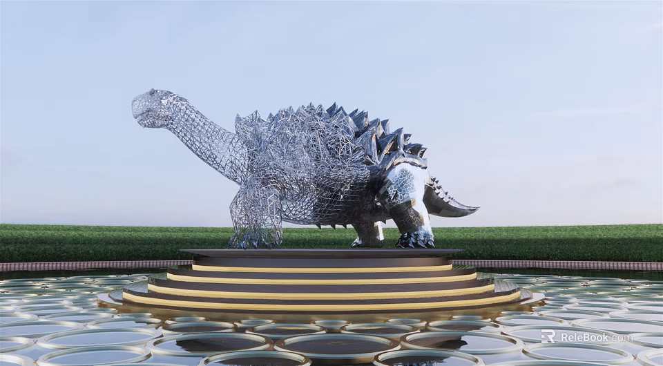 Dinosaur Sculpture Silver Wire Mesh on Platform Golden Steps Water Pool Green Grass Blue Sky 3d model 