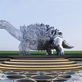 Dinosaur Sculpture Silver Wire Mesh on Platform Golden Steps Water Pool Green Grass Blue Sky