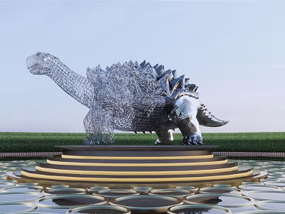 Dinosaur Sculpture Silver Wire Mesh on Platform Golden Steps Water Pool Green Grass Blue Sky 3d model