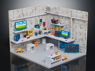 Modern Tech Room Setup With Multiple Screens Shelves Small Tables And Gadgets 3d model