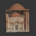 Cartoon Style Miniature Building With Red Domes Arched Doors And Brick Walls